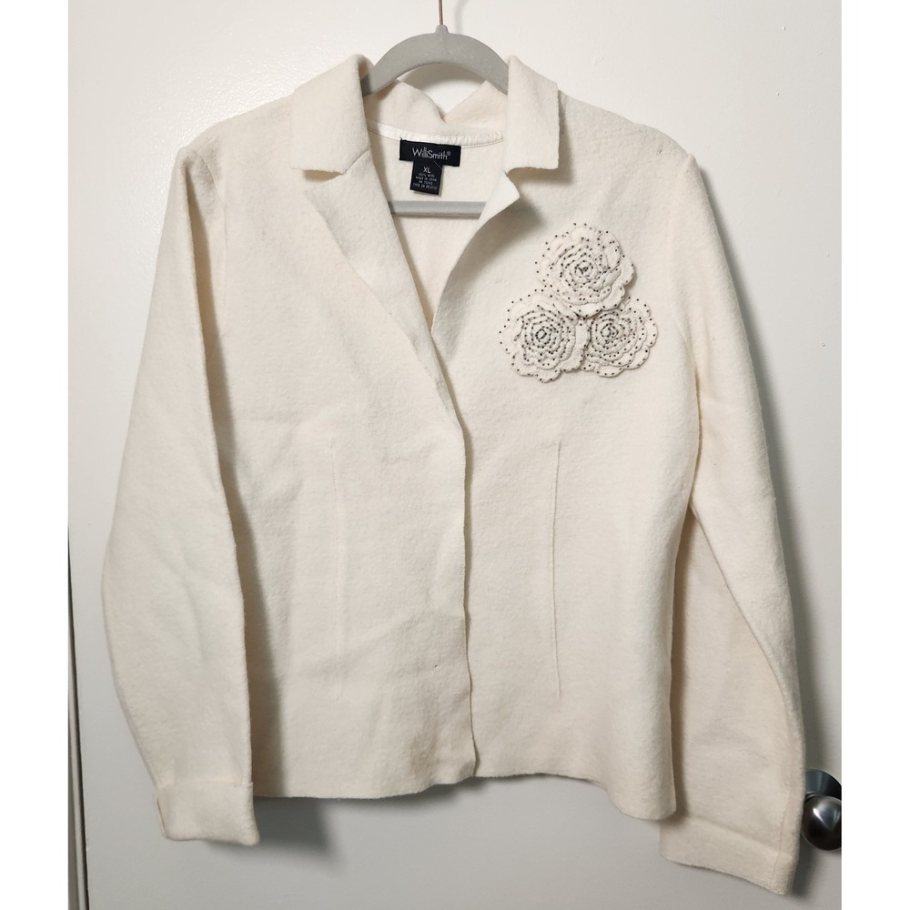 Vintage Willi Smith 100% Wool Women's XL White Jacket Floral Applique